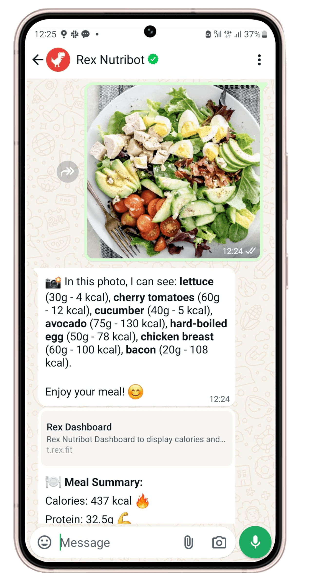 Rex Nutribot on WhatsApp for Android logging a salad photo and listing each ingredient's calories