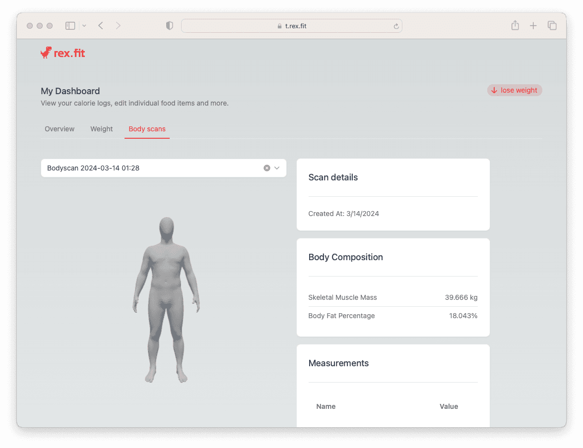 The Rex dashboard's body scans tab showing a 3D body model next to skeletal muscle mass and body fat percentage