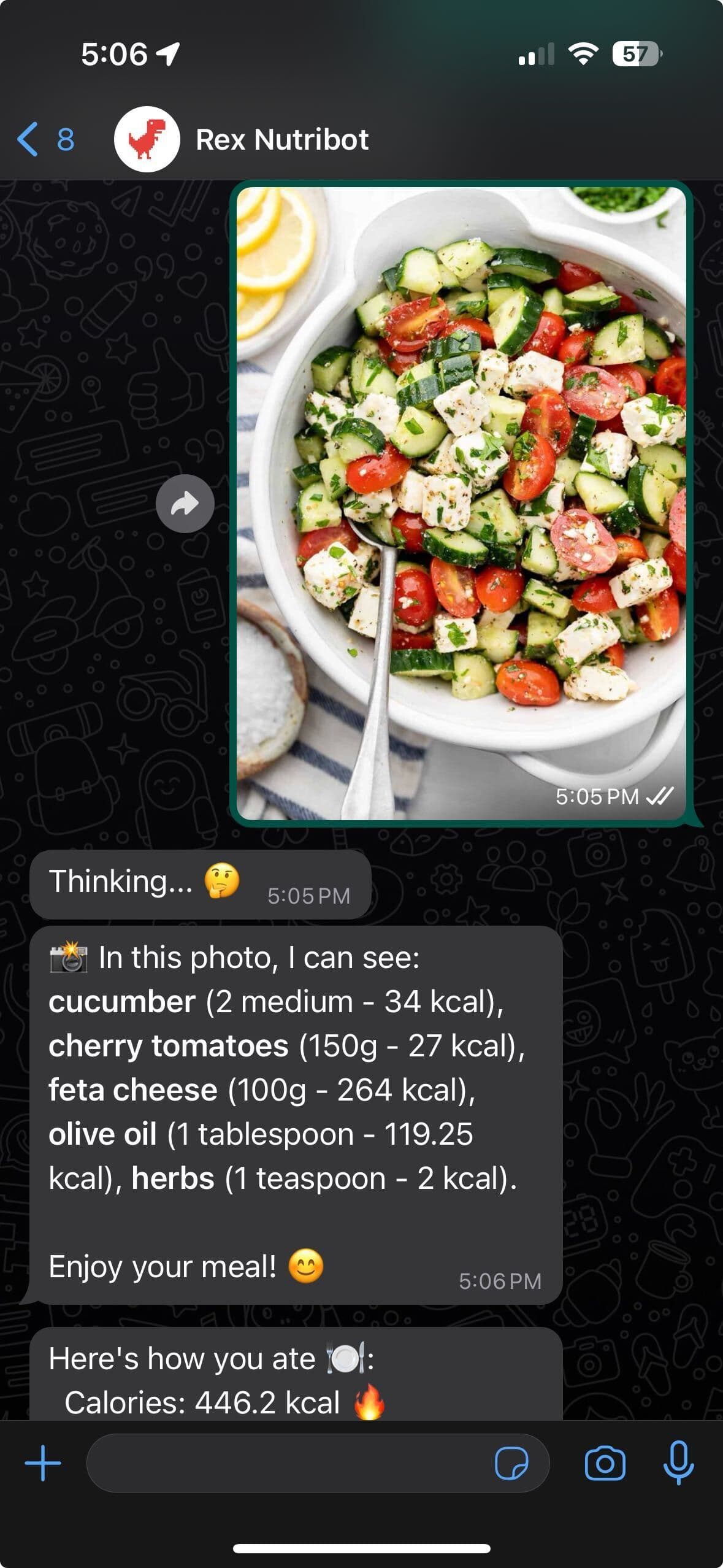 Rex on WhatsApp reading a photo of a cucumber, tomato and feta salad and listing the calories of each ingredient