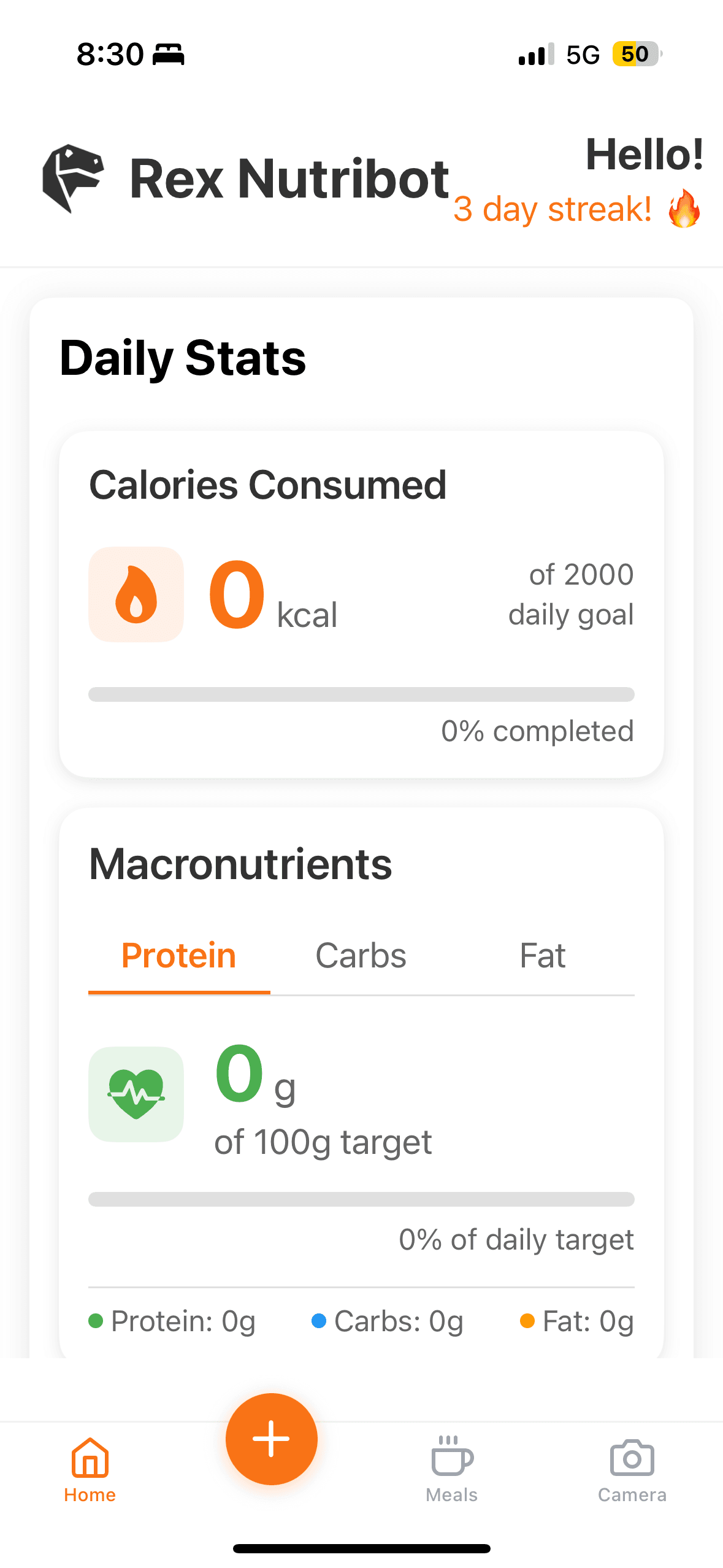 A white-label Rex Nutribot app home screen with daily calories and macronutrient targets