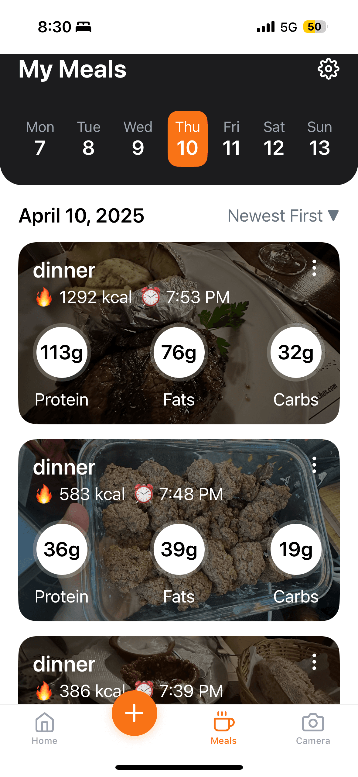 White-label app meals screen listing logged dinners with protein, fats and carbs