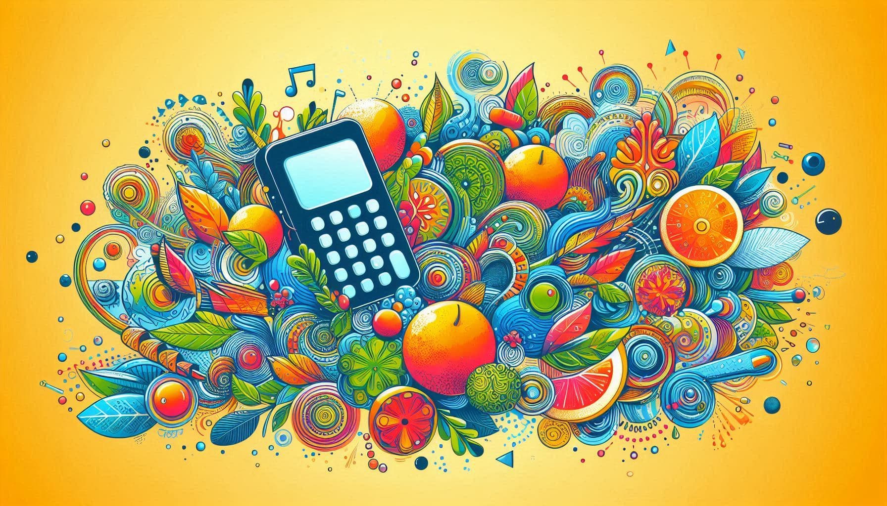 Colorful illustration of a calculator surrounded by fruit and leaves